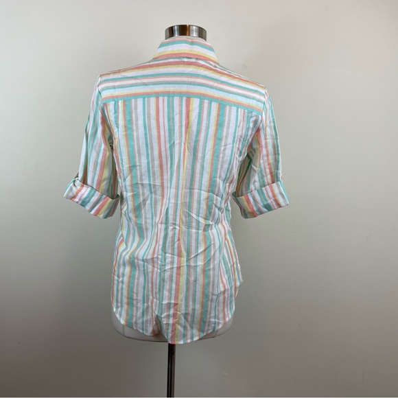 Foxcroft Orange Green White Stripe Button Down Blouse Shirt Top Women Size 6 - Picture 5 of 6